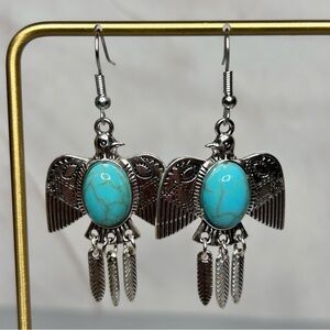 Silver Tone and Turquoise Stone Thunderbird Earrings